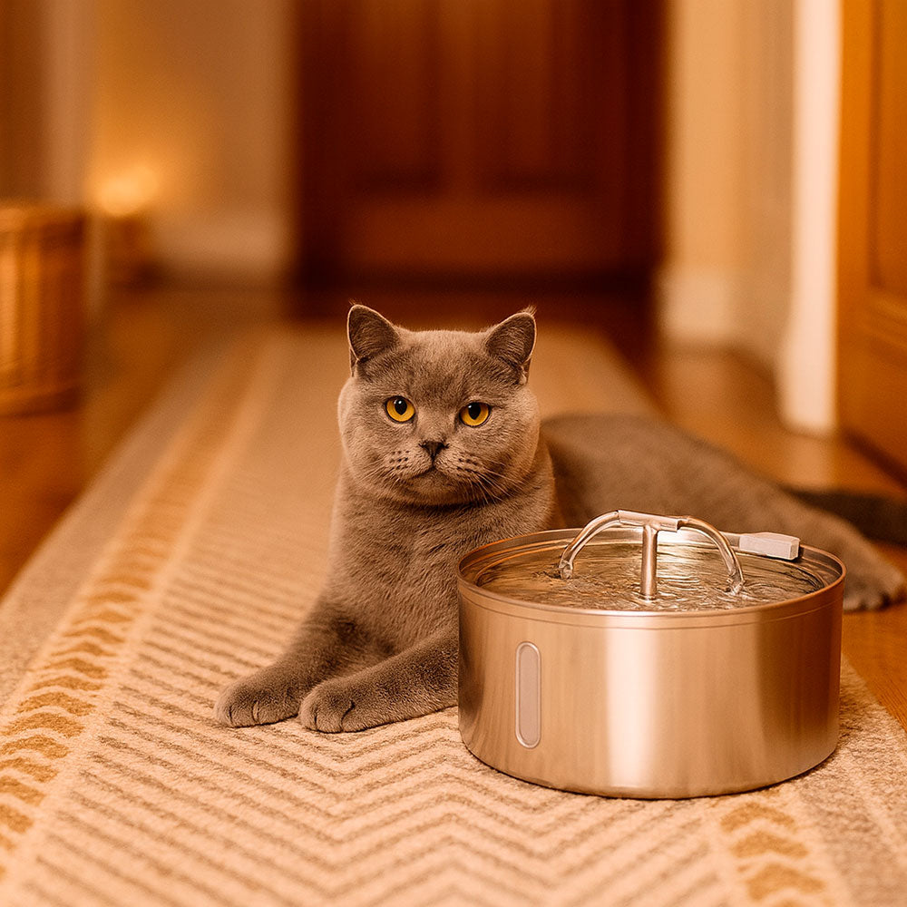Round Pet Fountain with Dual Spouts and Bar Window