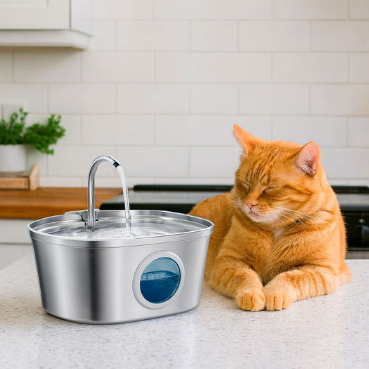 Curved Runway Pet Fountain with Gooseneck Spout and Round Window