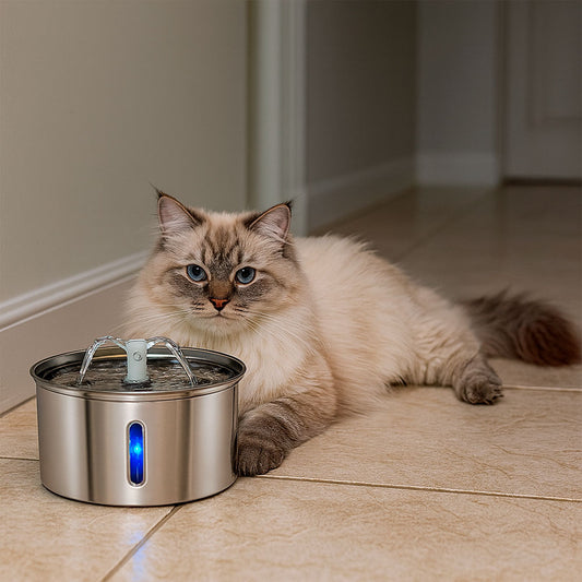 Round Pet Fountain with Split-Stream Spout and Bar Window